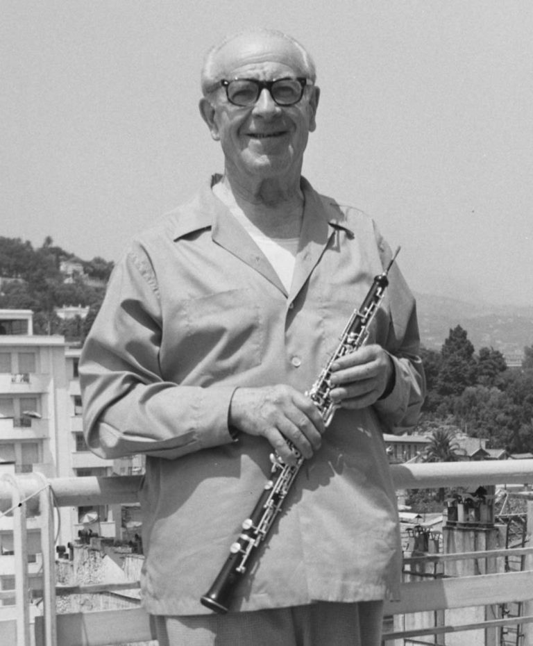 Posing with oboe on his terrace