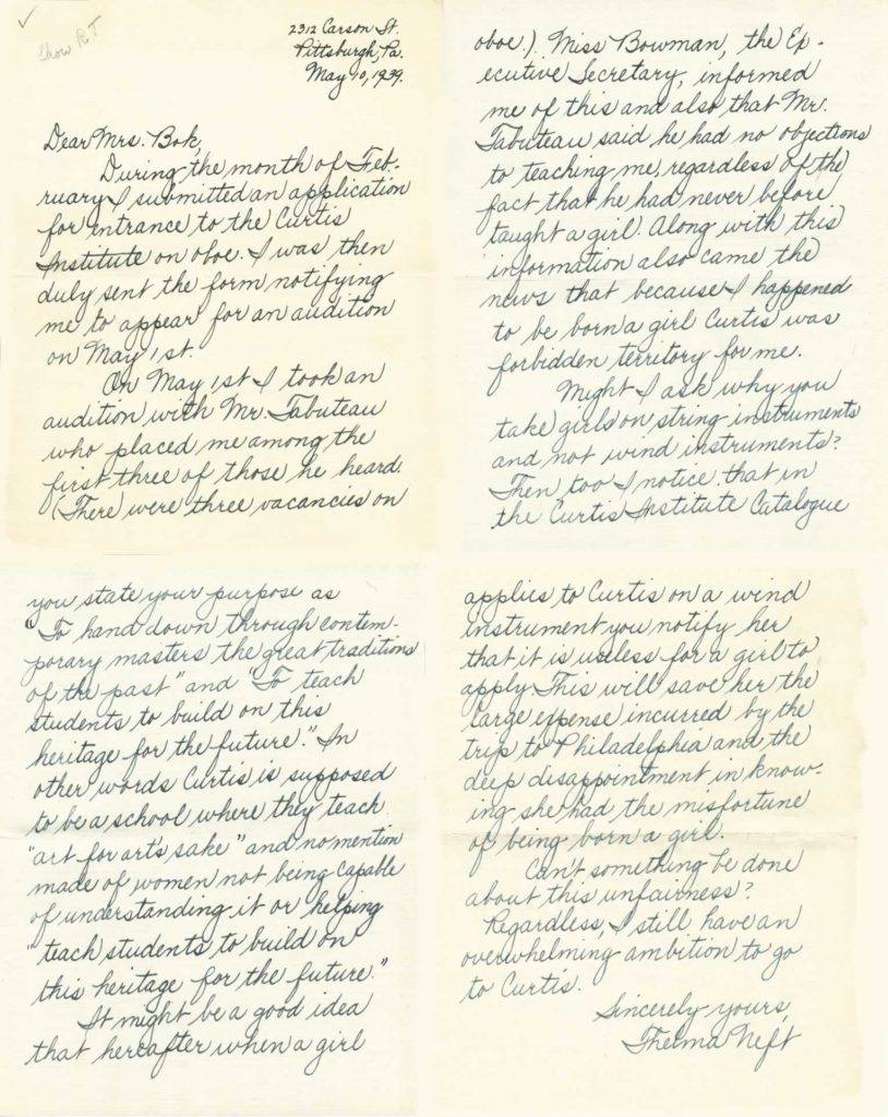 Letter from Thelma Neft to Bok