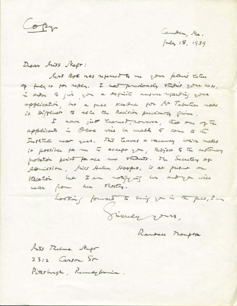 Letter from Randall Thompson to Thelma Neft