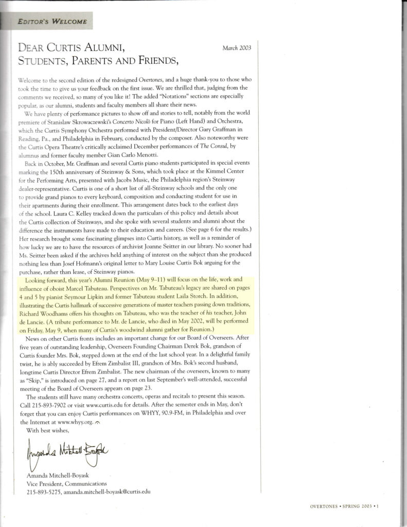 The Influence of Marcel Tabuteau - Overtones 2003 Letter