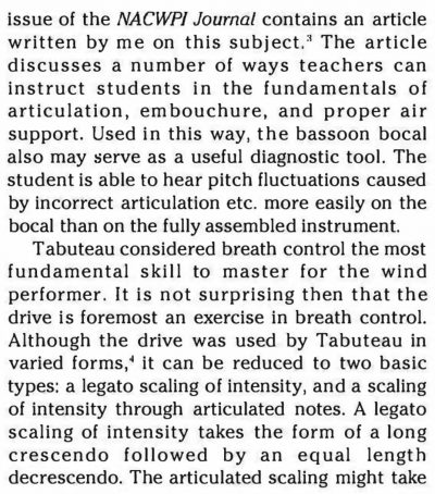 Terry Ewell. The Journal of the International Double Reed Society (1992): pp. 27-30. https://www.idrs.org/publications/179-the-journal-of-the-idrs-1992/#page=29. Tabuteau referenced in paragraphs 1-4, 12, endnote No. 4.