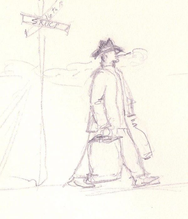 Laila Storch’s pencil sketch of Tabuteau returning home after shopping at the Reading Terminal Market (early 1940s) .